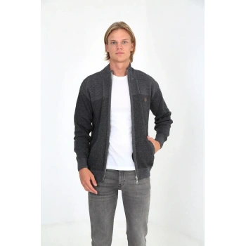 Erkek Fermuarlı Triko Hırka Yüksek Yaka, Cepli, Günlük Şık Rahat Kalıp Triko - Gri