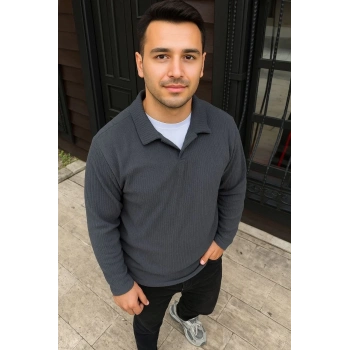 Erkek Fitilli Polar Sweatshirt – Düğmesiz Polo Yaka, Oversize Rahat Kalıp, Kalın Polar Kumaş, Kışlık ve Baharlık Şık Günlük Üst - Füme