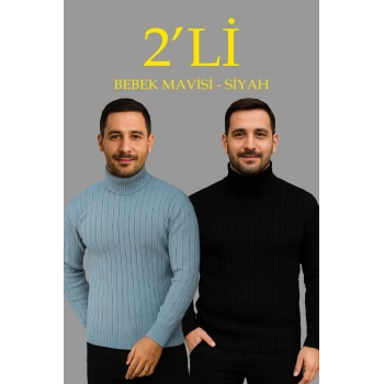 Erkek Fitilli Triko Kazak 2li Set Bebek Mavisi Siyah Regular Balıkcı Yaka Tam Boğazlı Triko Seti Modeli Kazak