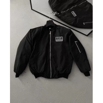 Erkek Siyah Bomber Mont – Fermuarlı, Cepli, Kapitone Astarlı, Göğüs Baskılı Tasarım Günlük Rahat Ceket - Siyah