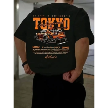 Erkek Turuncu Spor Araba Grafik Tişört - TOKYO Baskılı Günlük Oversize Kısa Kollu Tişört, Yetişkinler için Yazlık Giyim, Turuncu Araba Tasarımı- Siyah