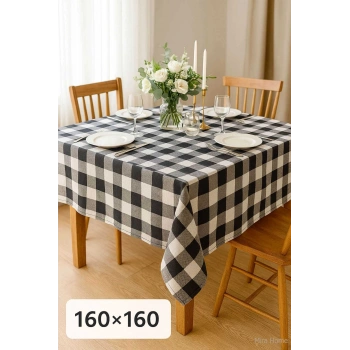 Fiber Kareli Masa Örtüsü Sofra Bezi Ekose Desen 160x160 Cm Siyah