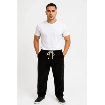 Fitilli Kadife Cepli Buggy Pantolon Oversize Rahat Kalıp - Siyah