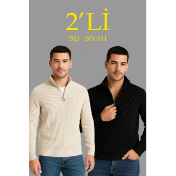 Fitilli Triko Kazak 2’li Set – Siyah  Bej