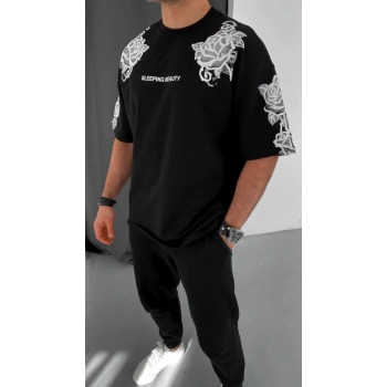 Flok Kabartma Baskılı T-Shirt - Siyah