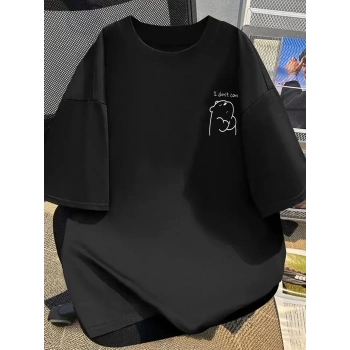 [Günlük T-Shirt] Hafif Kadın Günlük T-Shirt | Bol Kesim, Kısa Kollu, Yuvarlak Yaka, Eğlenceli Karikatür Ayı ve Umrumda Değil Baskı - Günlük Stil, İlkbahar/Yaz- Siyah