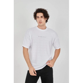 Jakar Kumaş Rahat Kol T-Shirt - Beyaz -