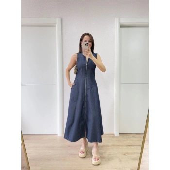 Jeans Kot Önü Tam Fermuarlı   Uzun Elbise - Mavi