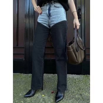 Jeans Kot Parçalı Palazzo Pantolon - Siyah -