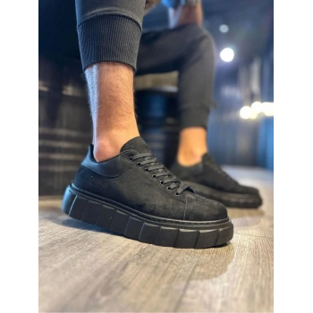 JY144 Volt Bağcıklı Süet Erkek Günlük Sneaker Yüksek Taban Ayakkabı SST Siyah