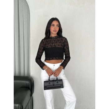 Kadın Dantel Uzun Kol Bluz- Siyah