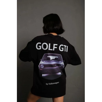 Kadın Oversize Baskılı Tişört – Golf GTI Retro Araba Desenli, Ön & Arka Dijital Baskı, Sokak Modası Stil - Siyah