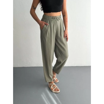Kadın Yüksel Bel Beli Bağcıklı Cepli Rahat Paça Pantalon - Su Yeşili