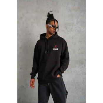 Kapşonlu Baskılı Sweetshirt - Siyah -