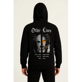 Kapşonlu Sweatshirt “Other Lives” Ön  Arka Baskılı - Siyah -