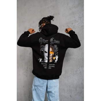 Kapşonlu Sweatshirt“Other Lives” Ön  Arka Baskılı Siyah -