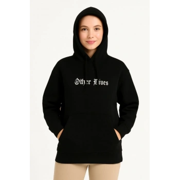 Kapşonlu Sweatshirt – Oversize“Other Lives” Ön  Arka Baskılı, Siyah -