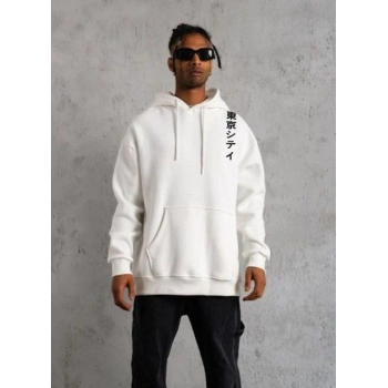 Kapşonlu Uzun Kol Baskılı Sweetshirt - Beyaz -