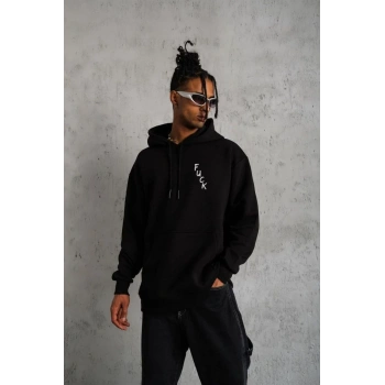 Kapşonlu Uzun Kol Baskılı Sweetshirt - Siyah -