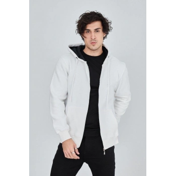 Kapüşonlu Düz Fermuarlı Hırka - Beyaz