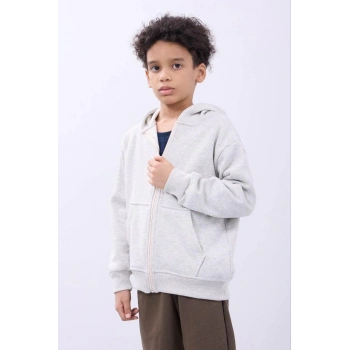 Kapüşonlu Kanguru Çepli Tam Fermuarlı Hırka SweatShirt - Gri -