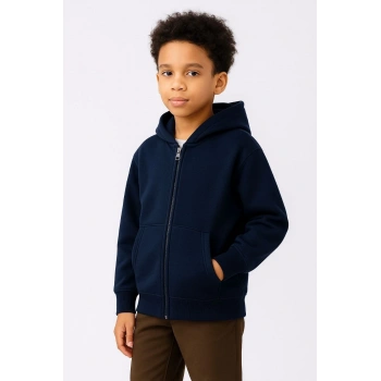 Kapüşonlu Kanguru Çepli Tam Fermuarlı Hırka SweatShirt - Lacivert -
