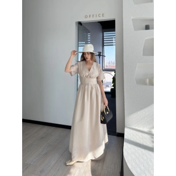 Kısa Kollu Uzun Elbise - Kırık Beyaz -