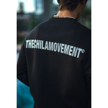 Kışlık Bisiklet Yaka Oversize Baskılı SweatShirt - Siyah -