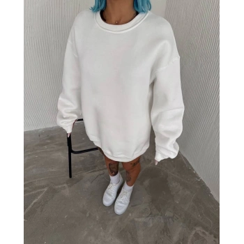 Kışlık Bisiklet Yaka Üç İplik Basic SweatShirt - Beyaz -