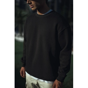 Kışlık Bisiklet Yaka Üç İplik Basic SweatShirt - Siyah -