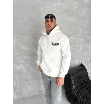 Kışlık Üç İplik Kapüşonlu SweatShirt - Beyaz -
