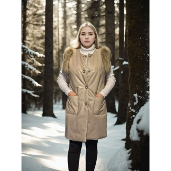 Kolsuz Hakiki Deri Kürk - Krem