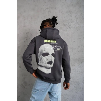 Kordonlu Maske Baskılı Kapşonlu Sweat - Gri