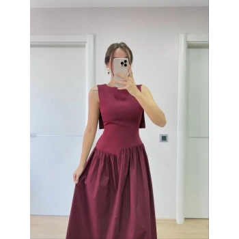 Krep Arkası Kanat Arka Ön Pens Detaylı Uzun Kadın Elbise - Bordo