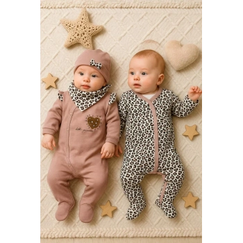 Leopar Desenli Kız Bebek 4lü Tulum Seti