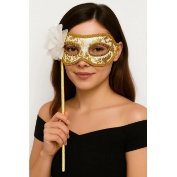 Lüks Taşlı Saplı Maskeli Balo Maskesi Beyaz Renk 35 Cm