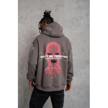 Maske Baskılı Kapüşonlu Sweat - Gri