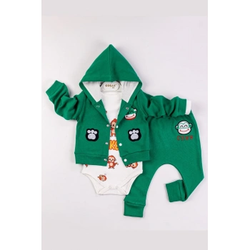 Monkey Nakışlı Kapişonlu Erkek Bebek Takım