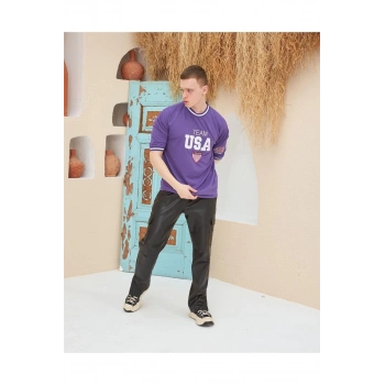 Nakış İşlemeli Ribanalı Oversize T-shirt - Mor