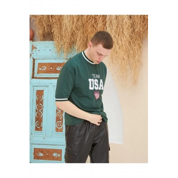 Nakış İşlemeli Ribanalı Oversize T-shirt - Yeşil