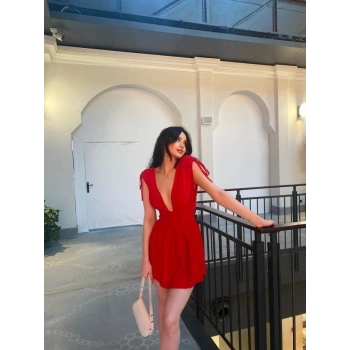 Omuzu ip Askılı Şortlu Elbise - Kırmızı -