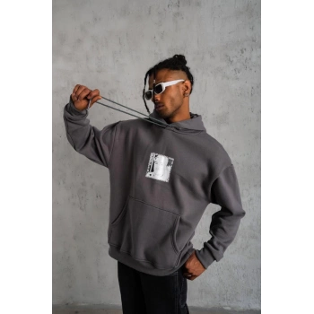 Ön Arka Baskılı Kapşonlu Sweat - Gri