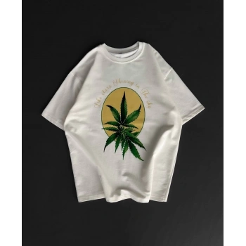 Ön ve Arka Baskılı Oversize Bisiklet Yaka T-shirt- Beyaz -