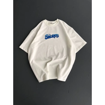 Ön ve Arka Baskılı Oversize Bisiklet Yaka T-shirt- Beyaz -