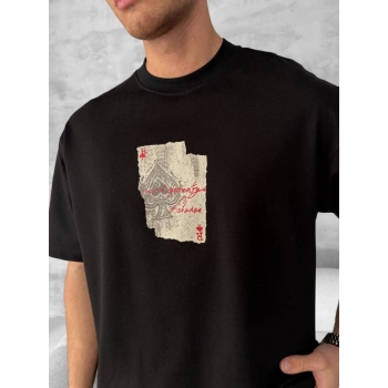 Ön ve Arka Baskılı Oversize Bisiklet Yaka T-shirt - Siyah -