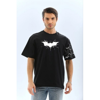 Ön ve Kol Baskılı Oversize T-shirt - Siyah -