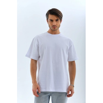 Oversize Düz Bisiklet Yaka T-Shirt - Beyaz