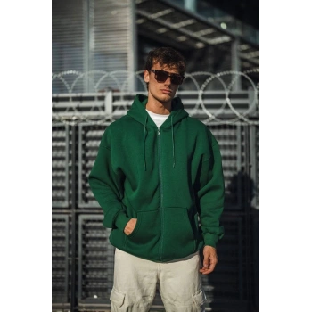 Oversize Tam Fermuarlı Uzun Kol Hırka - Haki -