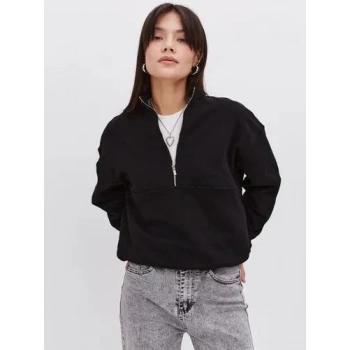 Oversize Yarım Farmuarlı Yakalı Basic SweatShirt - Siyah -