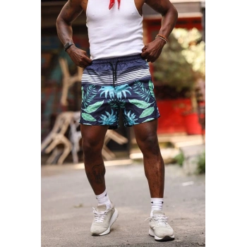 Palmiye Desenli Deniz Cepli Şort - Mavi -